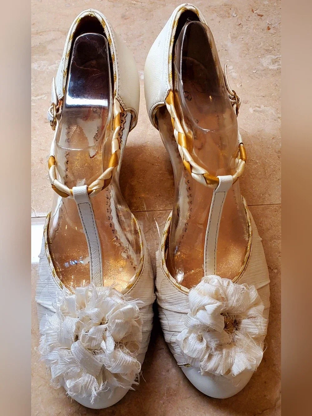 Cream Wedge Heels with Braided T-Strap and Flower Accent Sz 8 Great For Wedding